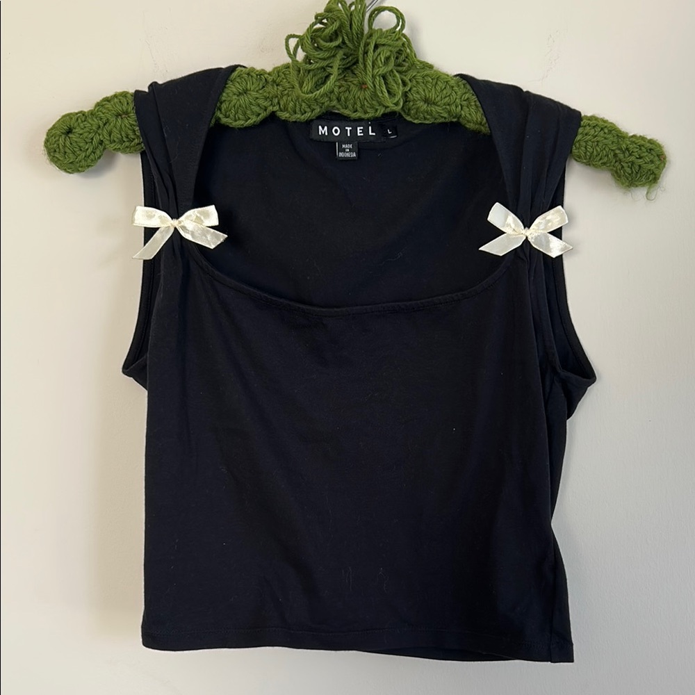 Motel Rocks Black Sleeveless Top with White Bow Accents